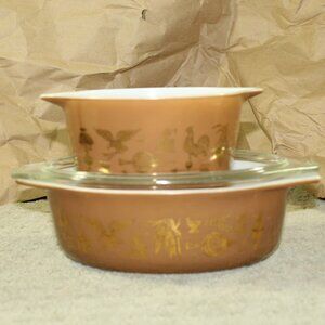 Vintage Pyrex - 3 pc Brown Early American Oval Casserole 043 1.5 QT. w Lid /473
